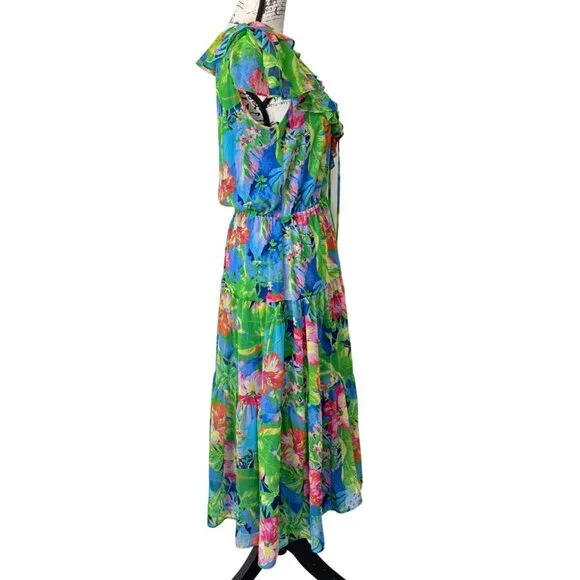 Lauren Ralph Lauren Black Label Georgette Tiered Dress Tropical Size 6 Petite - Picture 5 of 9